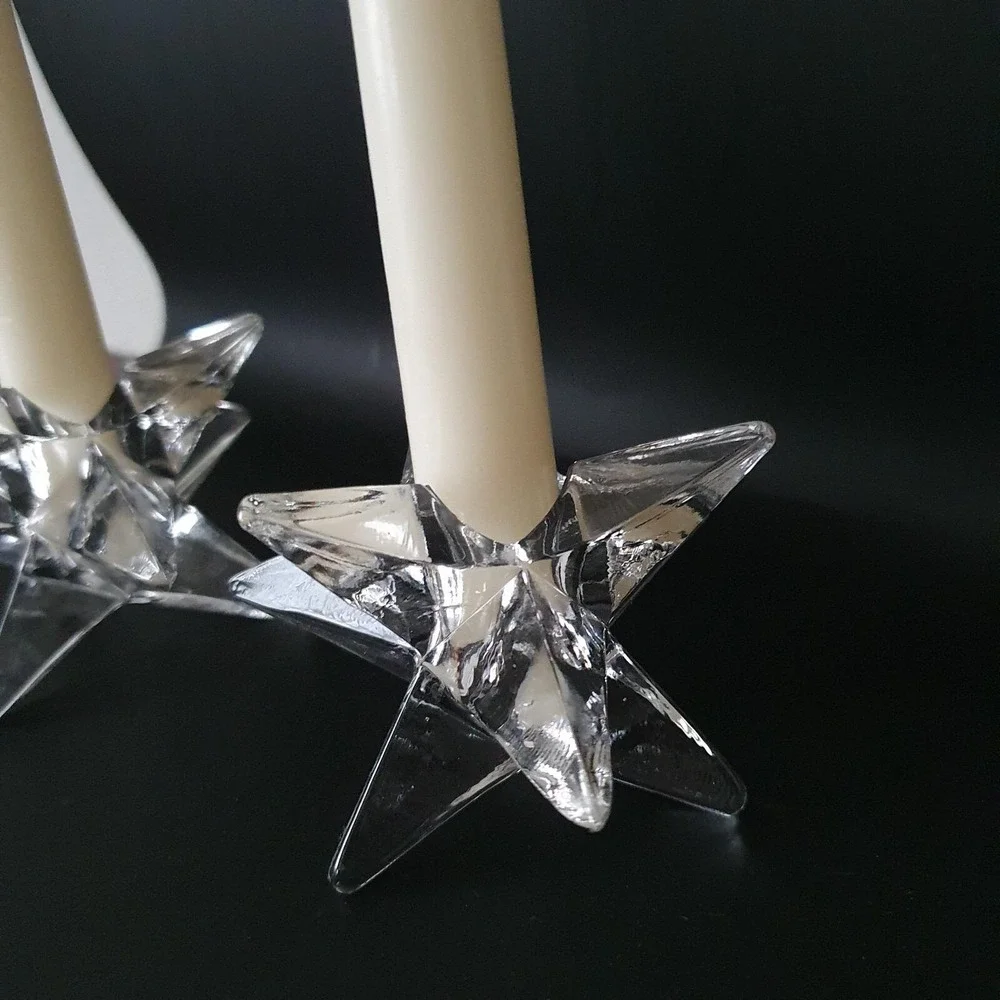 2 Vintage MCM Atomic Sparkling Glass 9-Point Star Shaped Candle Holders